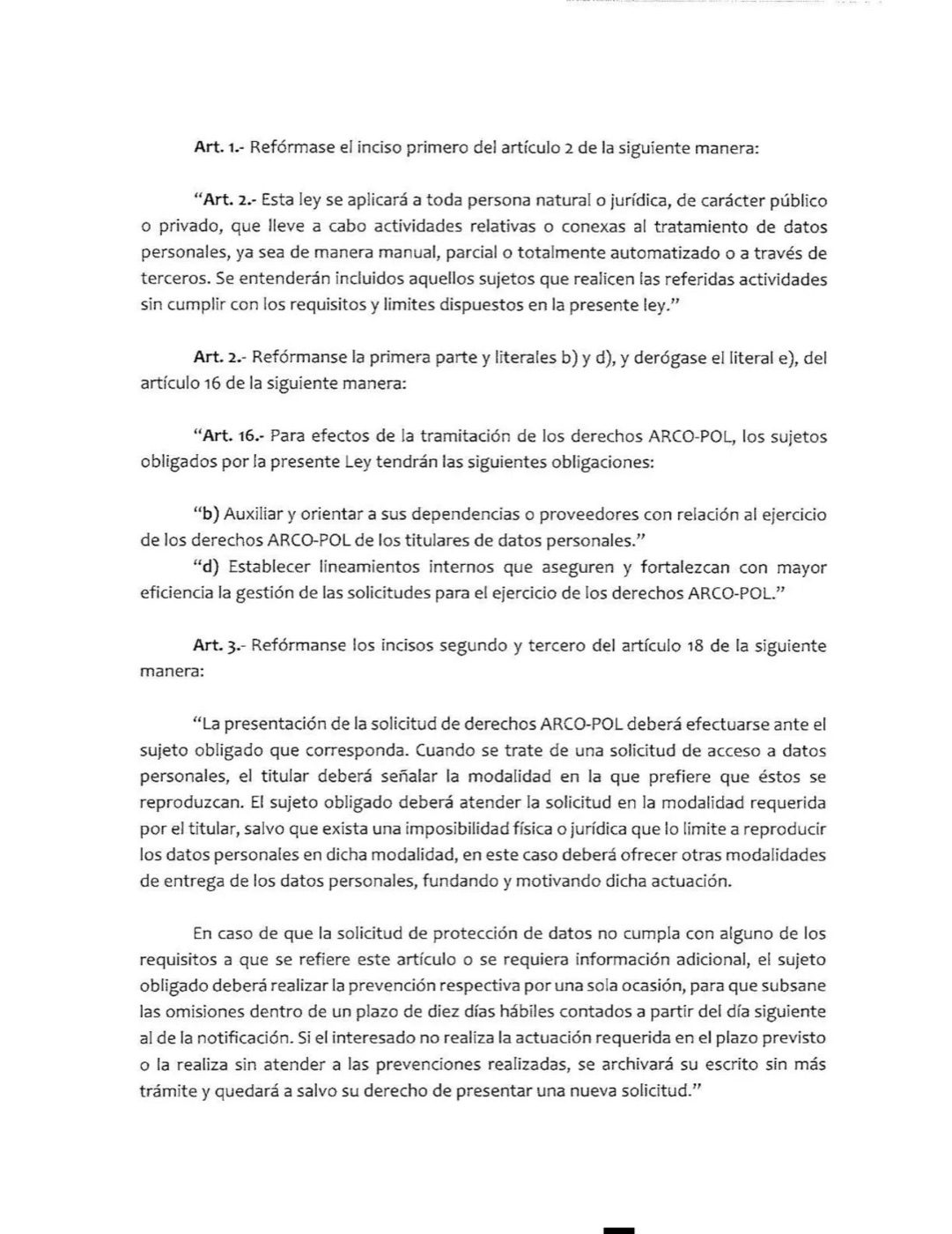Proyecto de reforma a la Ley de Protección de Datos Personales de El Salvador, artículos 2, 16 y 18