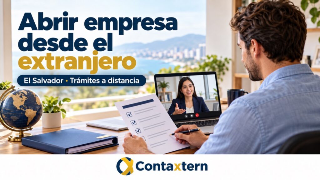 Abrir empresa desde el extranjero: empresario revisando una constitución en El Salvador por videollamada