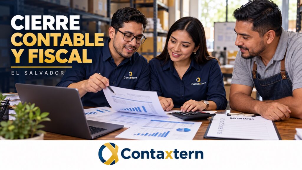 Cierre contable y fiscal 2026 en El Salvador: equipo contable revisando inventarios y documentos