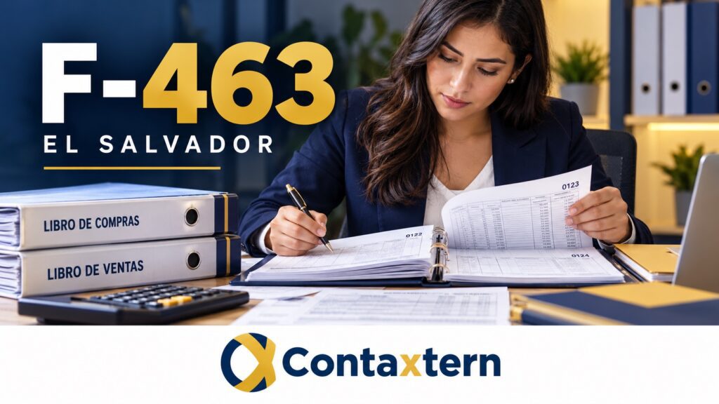 Formulario F-463 en El Salvador: contador revisando folios y autorizaciones de libros